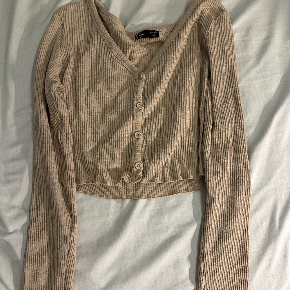 Ribbed Beige Button-Up Blouse